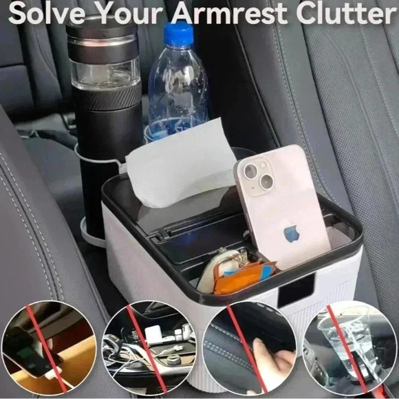 Car Armrest Storage Box with 2 Folding Cup Tissue Holders Multifunctional NEW - Picture 14 of 16